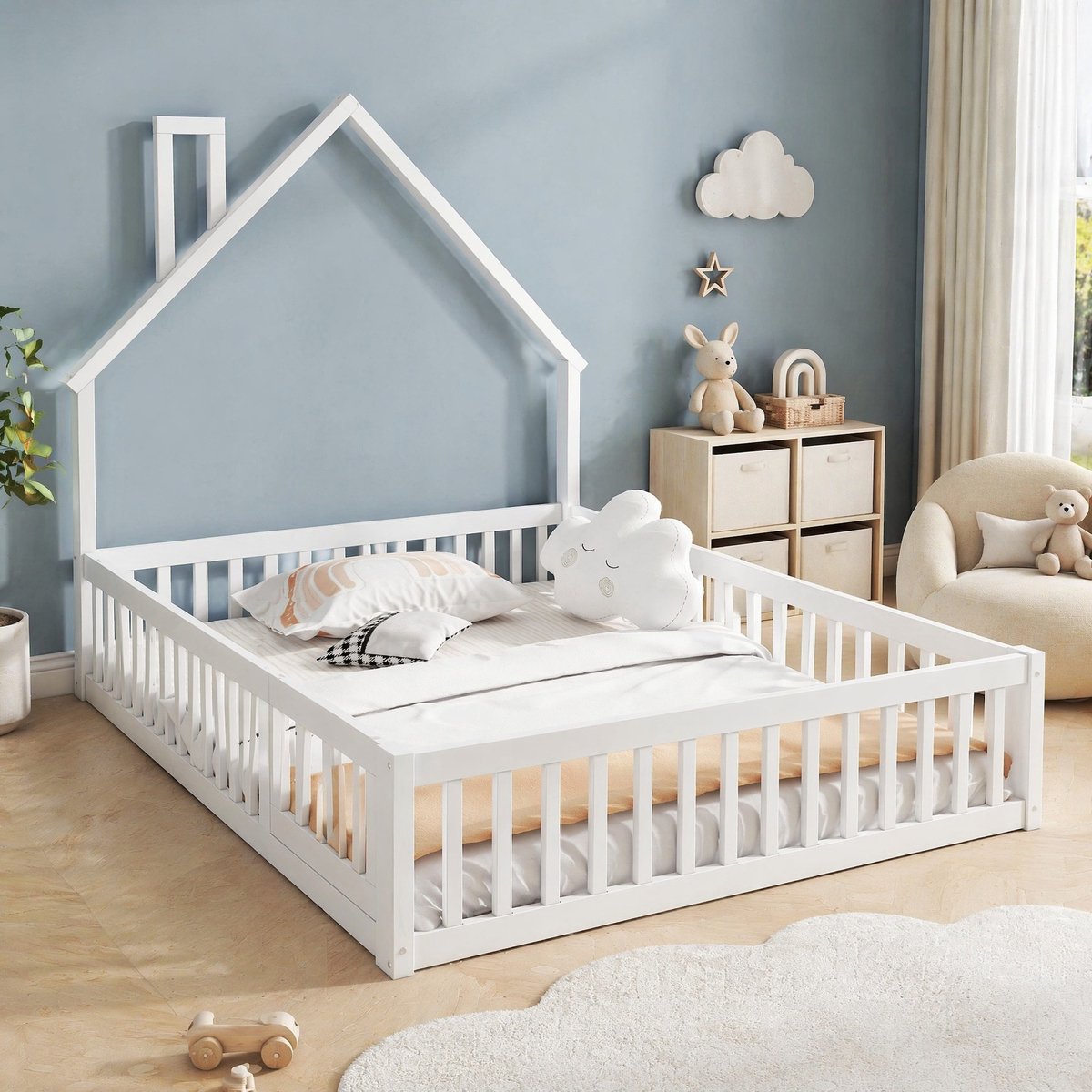 COVREO Kinderbed 205x145x163,7 cm - wit, grenenhout en MDF, met veiligheidshek en lattenbodem