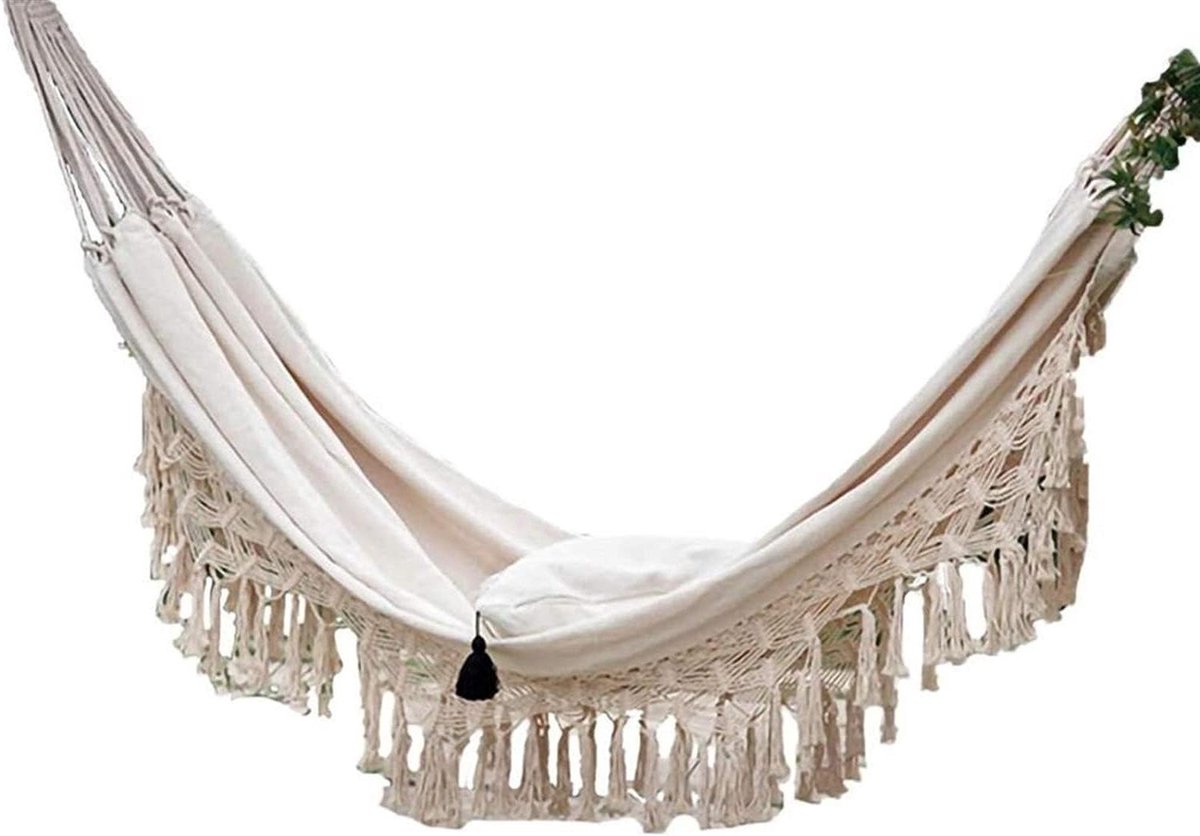 Dubbele Hangmat - Schommel Net - Buiten Ontspannen - Met Macrame Franje - 270cm Lengte - Natuurlijk