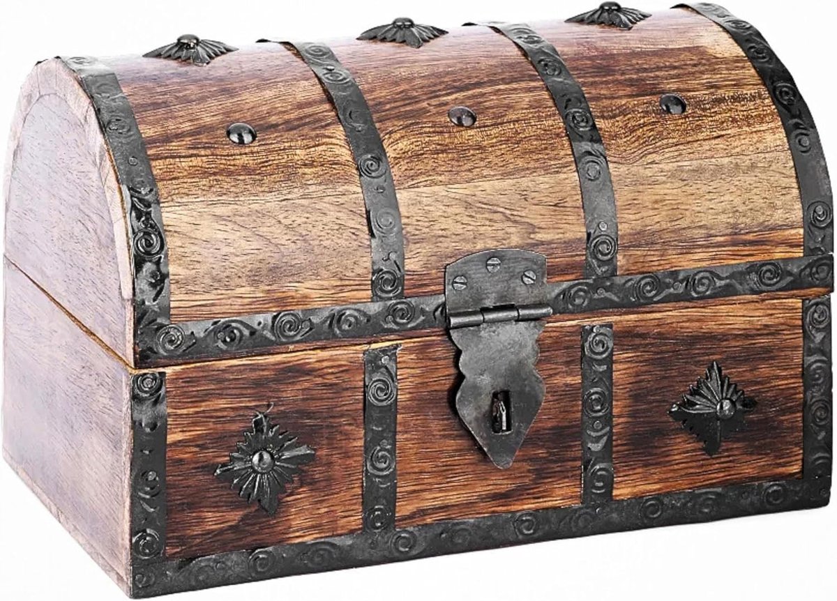 SnelShoppen - Handgemaakte Houten Sieradenbox - Decoratieve Schatkist - 22 x 15 cm - Voor Sieraden, Horloges, Cadeau - Vintage Piratenstijl - Unieke S