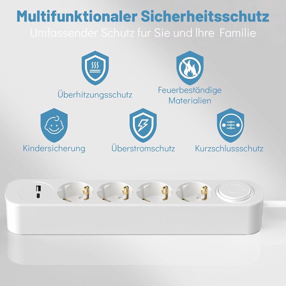 SnelShoppen - Power Strip met USB en USB-C, 4-Way Socket 1.5m Verlengsnoer, Platte Stekker, 3680W met Schakelaar, Kindveilig voor Thuis en Kantoor, Wi