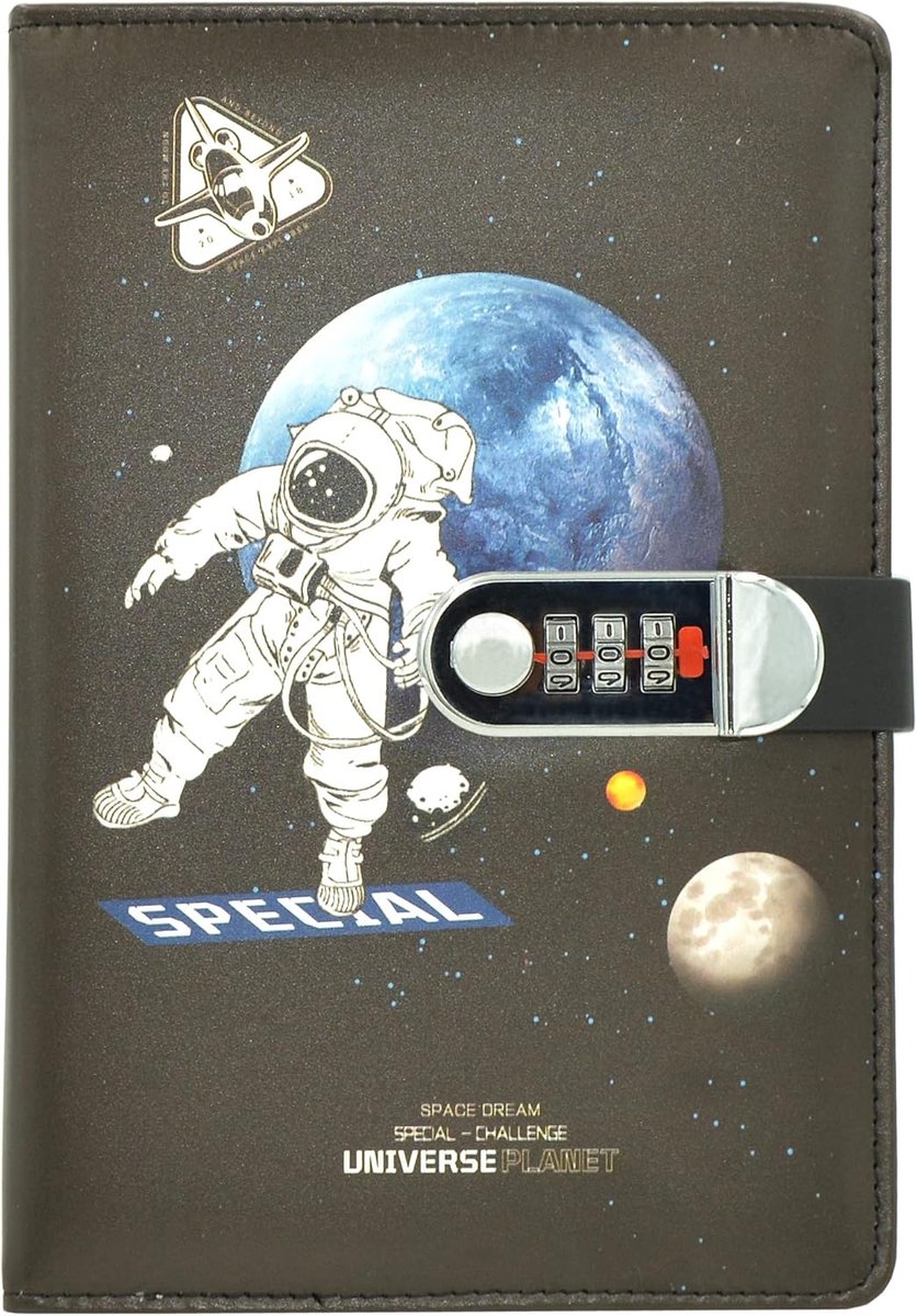 SnelShoppen - Notebook met Slot (Wereld, Planeten) Journal met Code, Perfect voor Jongens en Meisjes, 210 x 145mm, 240 Pagina's Lined Paper, PU Leer,