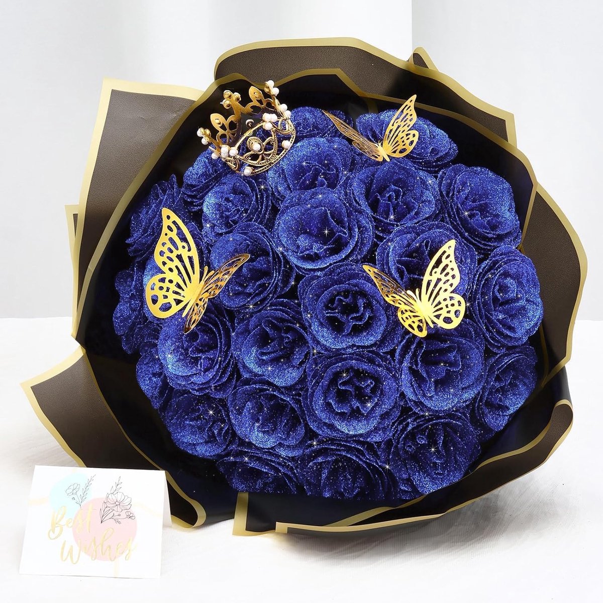 SnelShoppen - 26pcs Glitter Rozenboeket, Blauwe Kunstbloemen, DIY Bloemenboeket met Stelen, Nepprozen voor Bruiloft, Feestdecoratie met Strik en Vlind