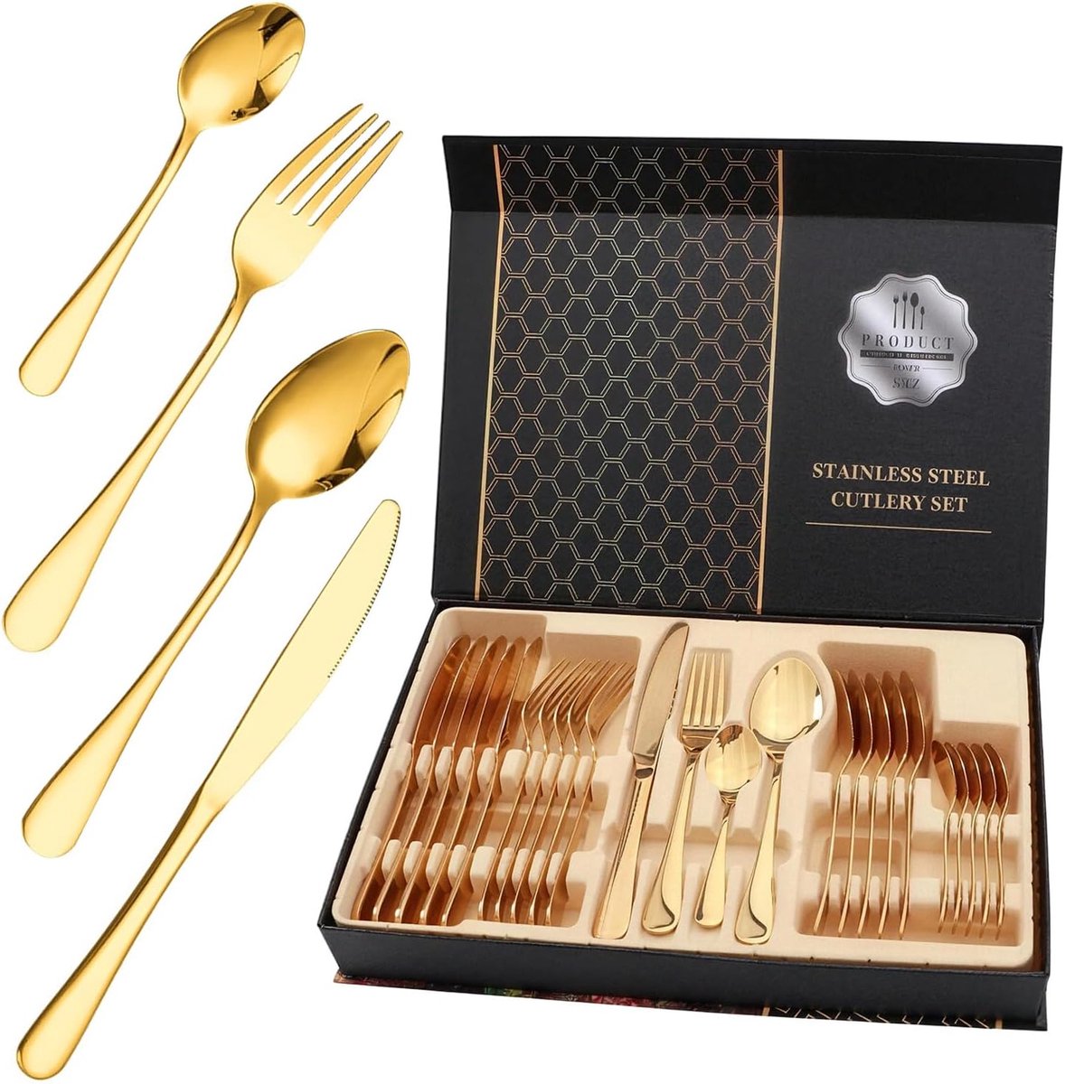 SnelShoppen - 24-delige Bestekset - RVS Bestekset - Steakmes, Vork, Lepel Set - Gouden Kleur - Ideaal voor Thuis, Restaurant, Bruiloft, Feestdagen