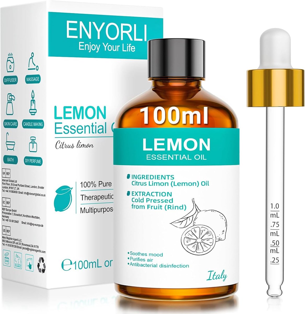SnelShoppen - Lemon Essential Oil 100ml - 100% Natuurlijk Citroenolie voor Huishoudelijke Reiniging, Diffusers, Huidverzorging, Auto Luchtverfrisser e