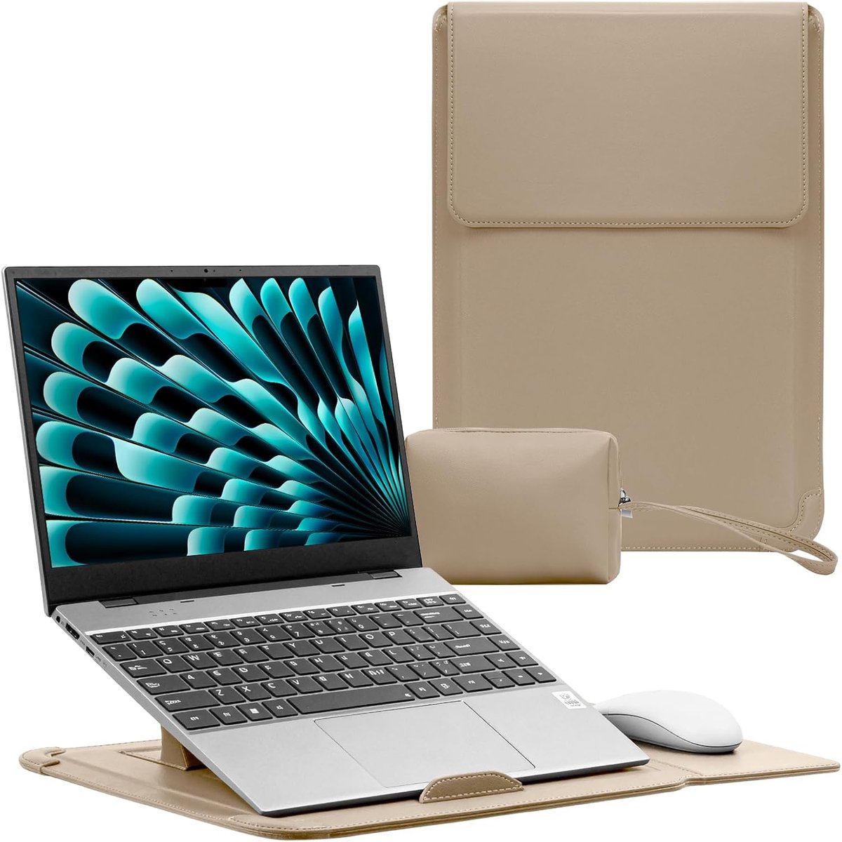 SnelShoppen - 15-16 Inch Laptop Sleeve Bag met Stand - Beige, Waterafstotend, Draagbaar, Bescherming voor Laptops, Ideaal voor Thuis, Werk en Reis