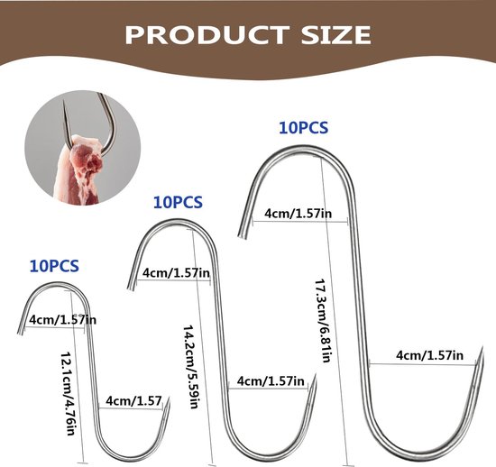 SnelShoppen - Smoke Hooks S Hooks 30 Stuks Rvs Butcher Hooks 121mm/142mm/173mm, Vlees Haken voor Roken, Grillen en Slachten van Snelshoppen — afbeelding 5