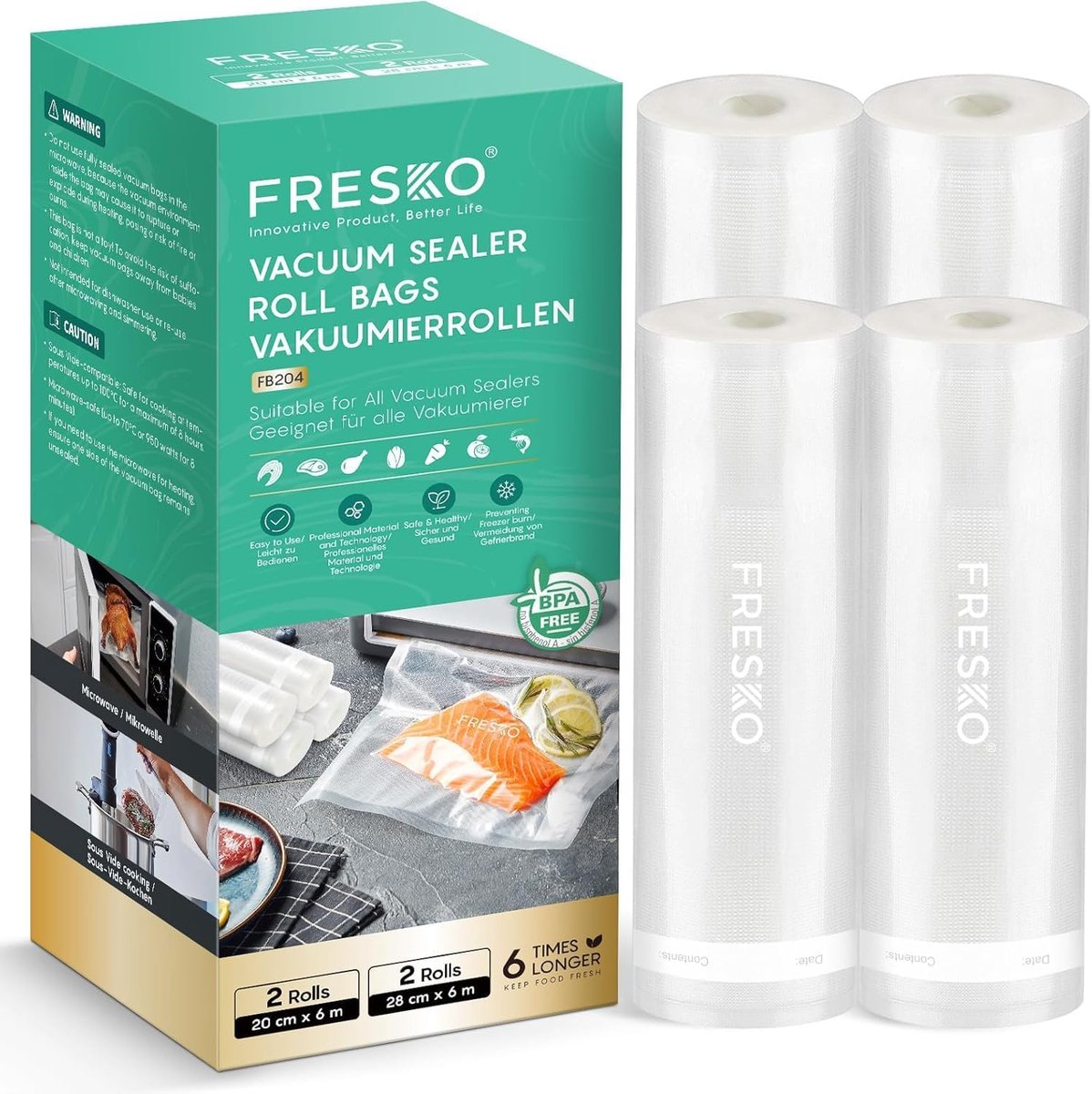 SnelShoppen - FRESKO Vacuum Rollen 2 Stuks 28 x 600 cm + 2 Stuks 20 x 600 cm, Professionele Vacuümzakken, BPA Vrij, Geëmbosseerde Groeven, Ideaal voor