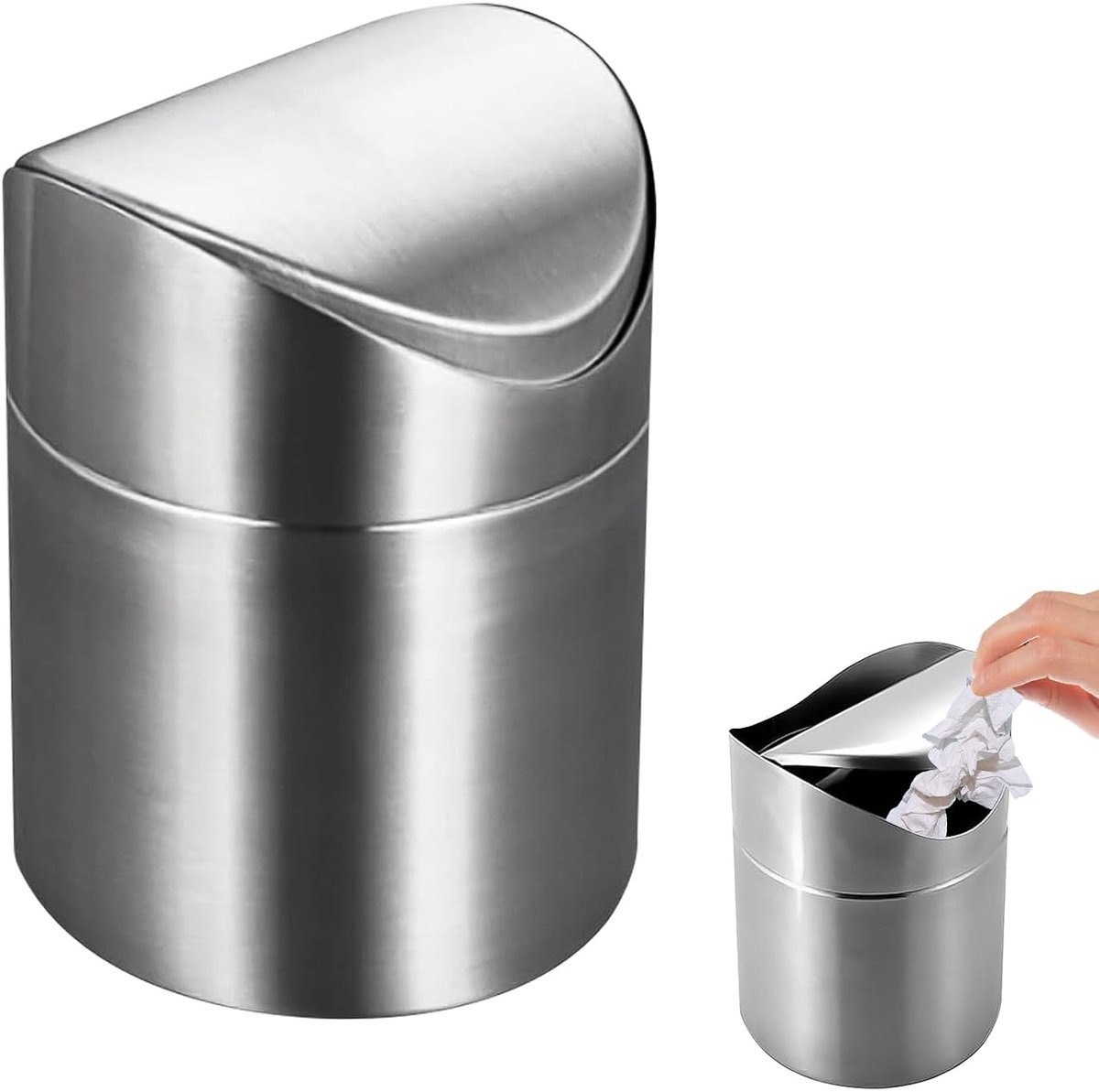 SnelShoppen - RVS Afvalbak 2 L met Glijden Deksel voor Badkamer, Kantoor, Woonkamer, Zilver - Compacte 12x12x16 cm Prullenbak