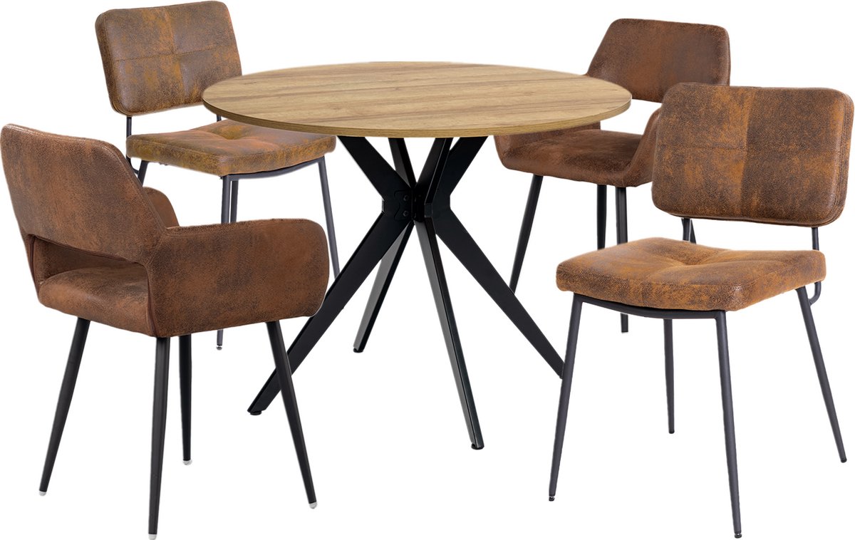 Eethoek - Ronde Eikenlook Tafel Met 4 Vintage Mix Stoelen - Bruin