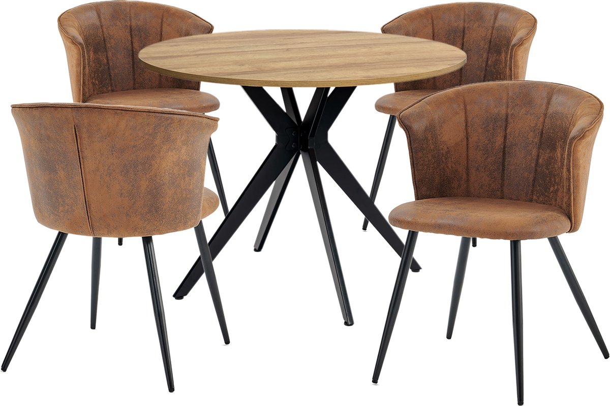 Eethoek - Ronde Eikenlook Tafel Met 4 Kuipstoelen In Suède - Bruin