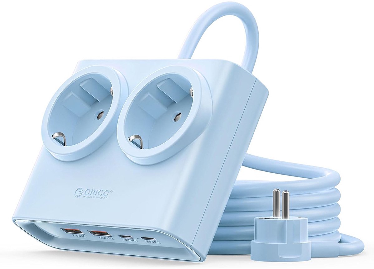 ORICO PDC 15W - Stekkerdoos - GaN stekkerdoos – 6-in-1 platte stekker met stekkerdoos (2 stopcontacten + 4x USB met 2x USB-C PD) – Platte stekker 1,3 cm – 1,6 m kabel – 2500 W – Voor thuis & kantoor