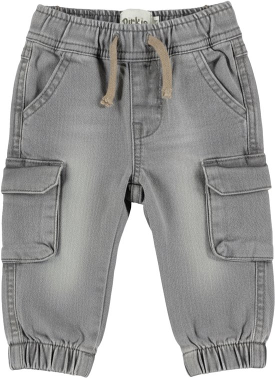 Grijze cargo jeans met elastische tailleband, trekkoord en drukknoopzakken.