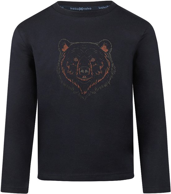 Donkerblauw Koko Noko T-shirt met een grafische print van een bruine beer met oranje accenten.