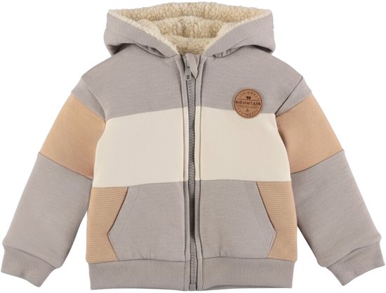 Grijze hoodie met beige en off-white kleurblokken, rits, zakken en een teddy voering.