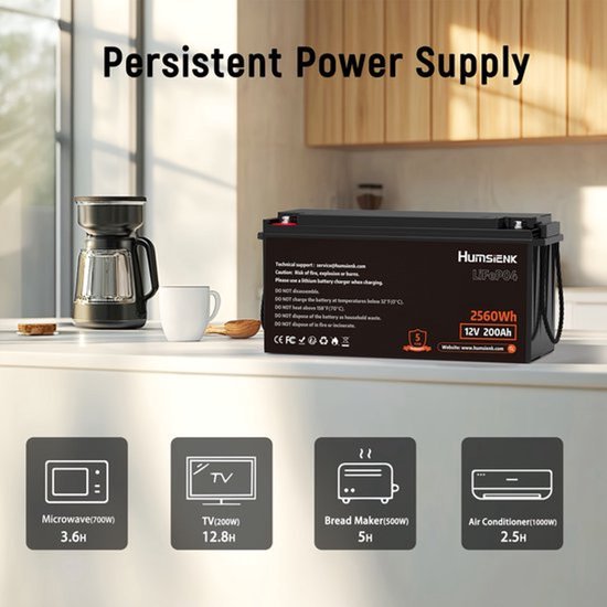 12V 200Ah LiFePO4 Accu – Lithium Batterij – Energieopslag Accu – Camper Accu – Boot Accu – 2560Wh Capaciteit – Ingebouwd BMS Veilig Systeem