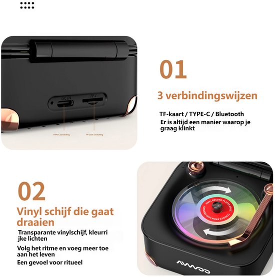 KINSI Retro platenspeler bluetooth luidspreker, 360° stereogeluid, compact speaker met RGB-verlichting — afbeelding 3