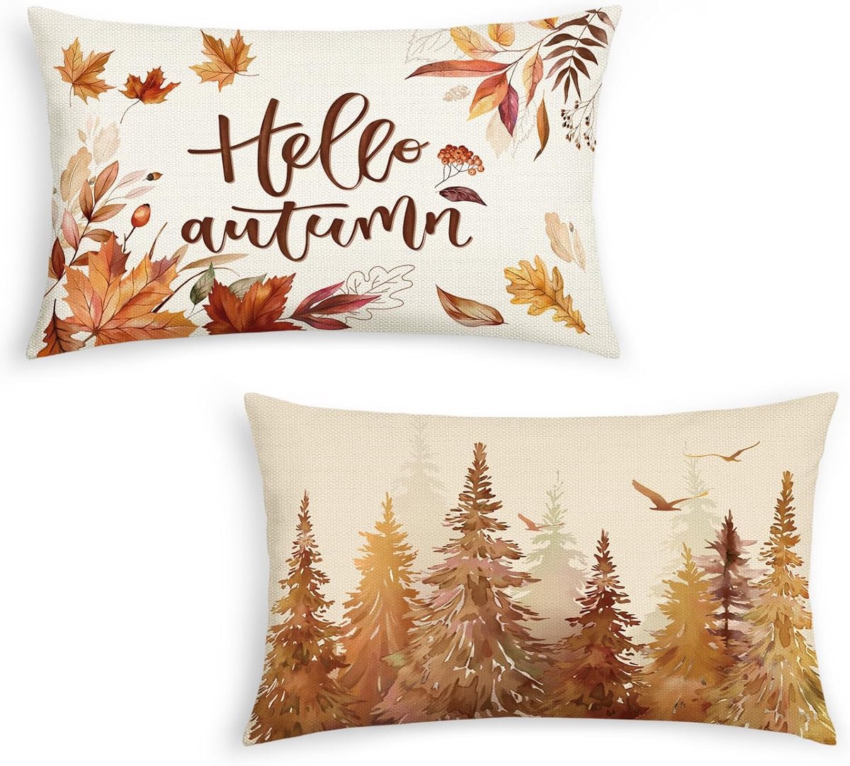 SnelShoppen - Set van 2 Decoratieve Kussenhoezen 30x50cm - Herfstbladeren en Bomen - Polyester Linnen - Voor Sofa en Thuisdecoratie