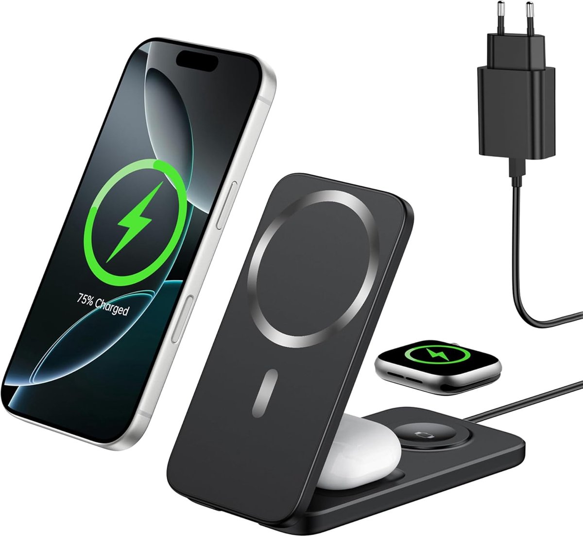 SnelShoppen - 3 in 1 Draadloze Oplader MagSafe, Vouwbare 15W Oplaadstation voor iPhone 17/16/15/14/13/12, Apple Watch en AirPods, Zwart
