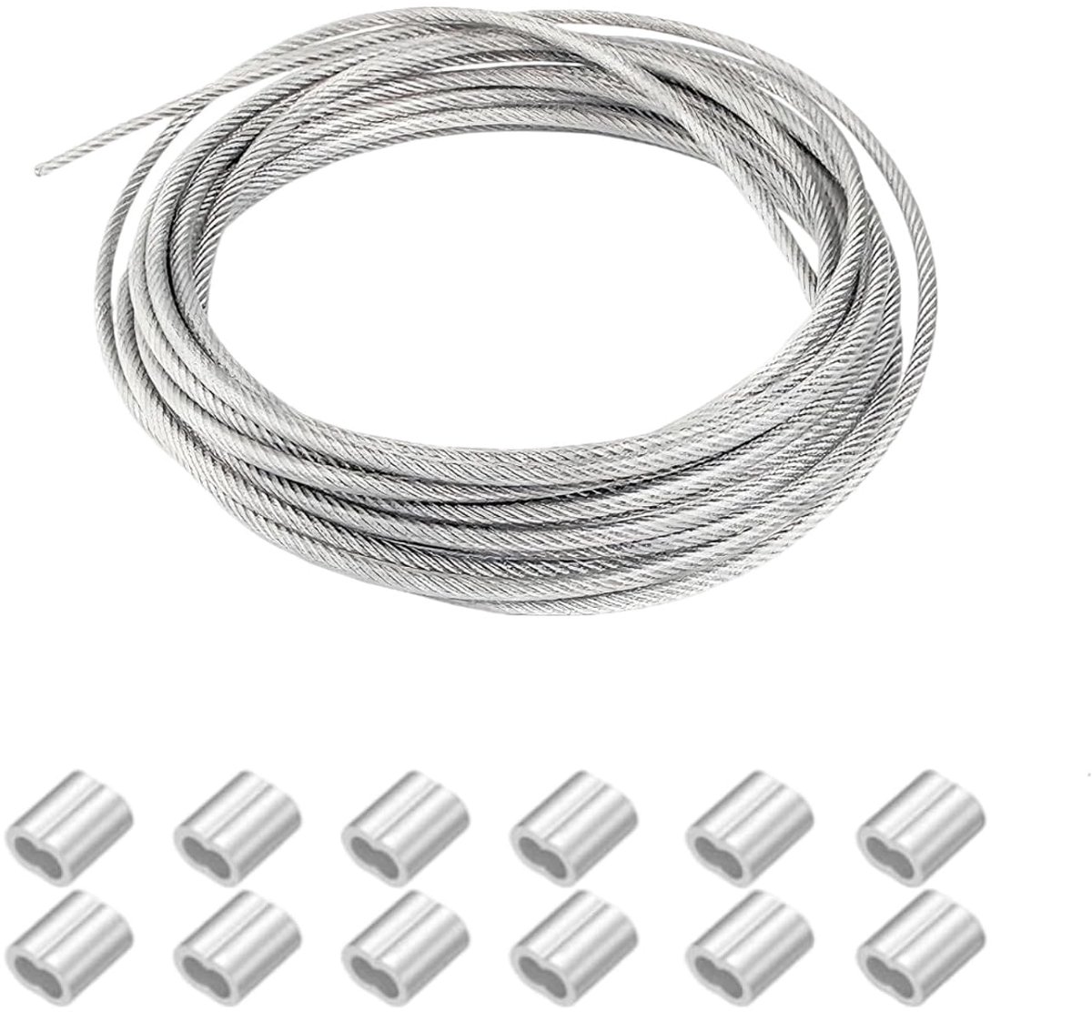 SnelShoppen - RVS Stalen Kabel Set 20m x 3mm met 12 Dubbele Oogjes - Veiligheidskabel voor Tuin, Camping en Klussen - Roestvrij, Duurzaam en Aanpasbaa