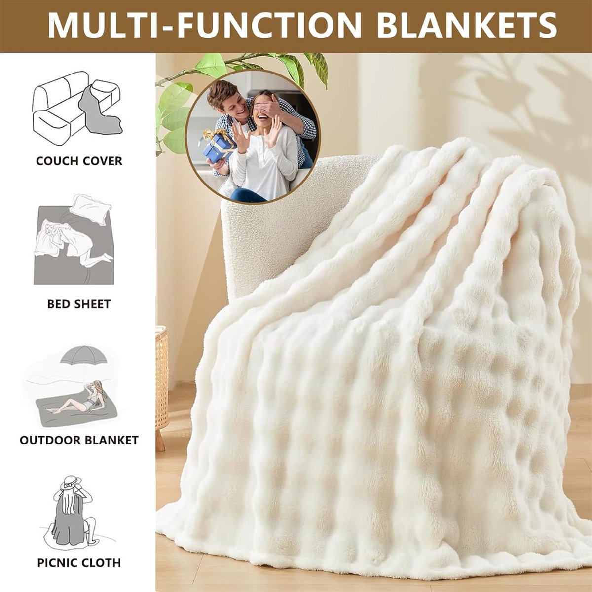 SnelShoppen - Fleece Throw Bubbles Faux Fur Fluffy Dekentje 160x200cm - Super Cozy Warme Deken voor Bed, Sofa en Thuisdecoratie - Wit