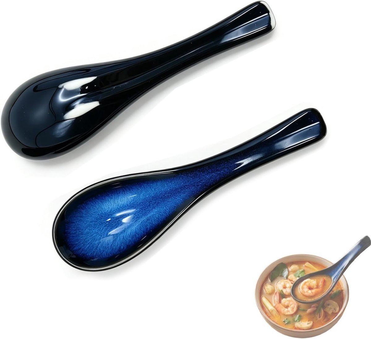 Set van 4 blauwe keramische soeplepels, ideaal voor ramen, stoofschotels en Aziatische gerechten