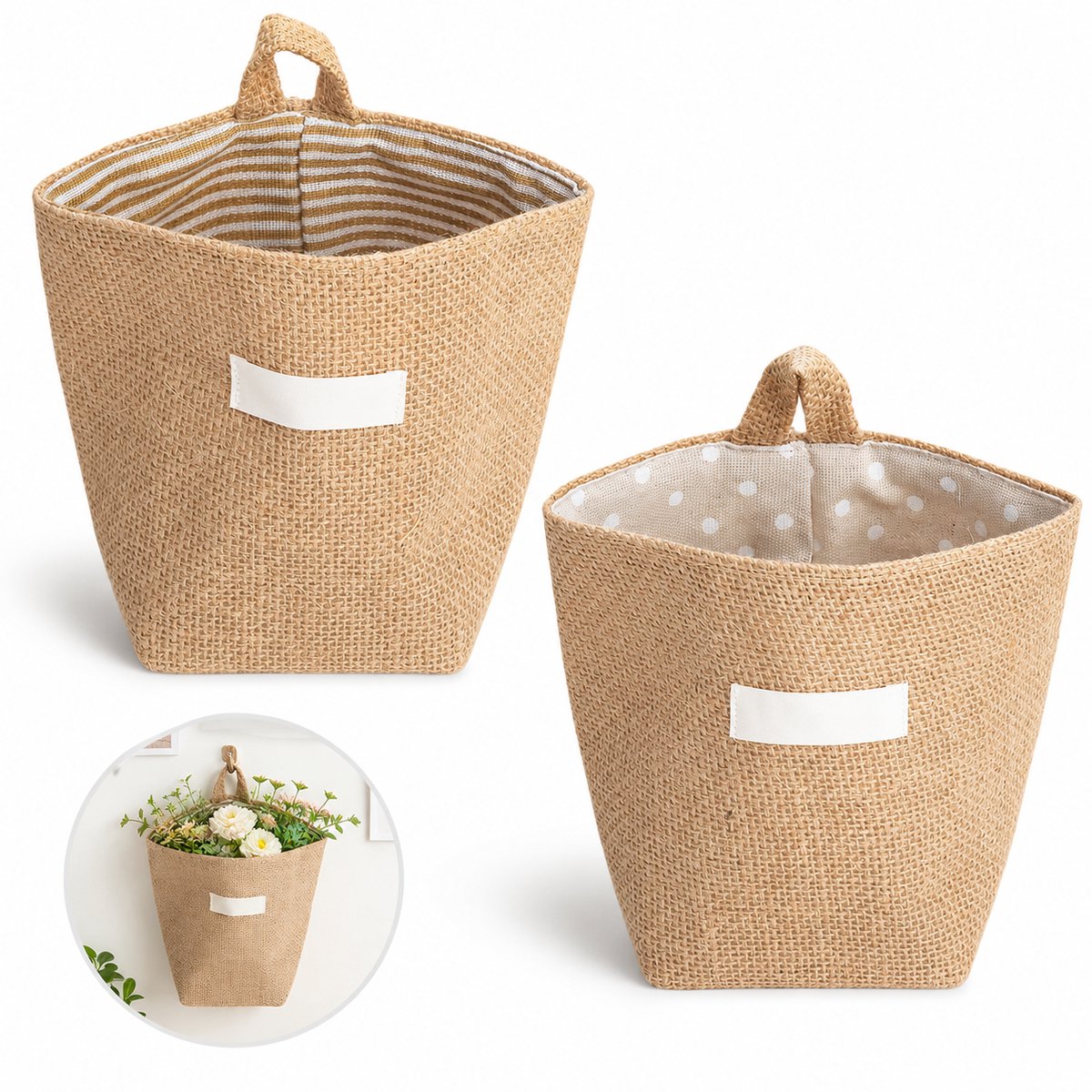 Kleine Hangende Mandjes - Set van 2 - Muuroganizer voor Badkamer, Keuken en Kantoor - Duurzaam Jute en Katoen - Ruimtebesparende Opbergmandjes - Nordic Design