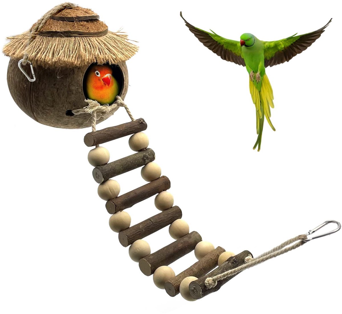 VHV - Vogelhuisje - Hangend natuurlijk nest van kokosvezel met ladder - Schuilplaats en kooispeelgoed voor papegaaien, parkieten en kanaries - Bruin