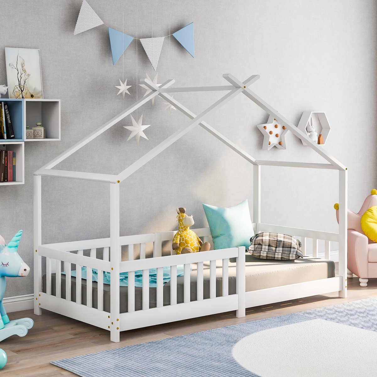 COVREO Kinderbed huisbed 205x98x158 cm wit hout met uitvalbeveiliging en lattenbodem