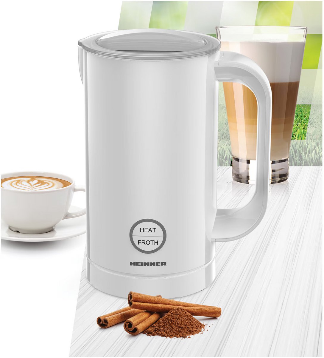 Heinner Elektrische Melkopschuimer – 450 W – Warm en Koud Melkschuim – Melk Verwarmen tot 200 ml – Opschuimcapaciteit 100 ml – Automatische Uitschakeling – Wit