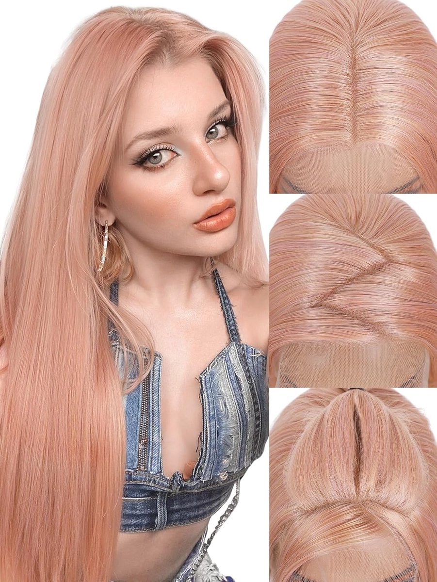 SnelShoppen - 65 cm Lange Gladde Pruik As Pink - 13x4 HD Transparante Lace, Synthetisch, Geen Lijm, Ideaal voor Dagelijks Gebruik en Feest