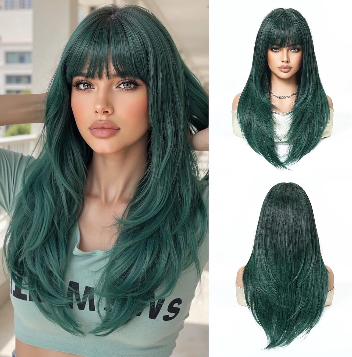 SnelShoppen - Esmee Lange Rechte Groene Perucque voor Vrouwen met Pony - Natuurlijke Synthetische Haardos voor Dagelijks Gebruik, Feest, Cosplay, Mode
