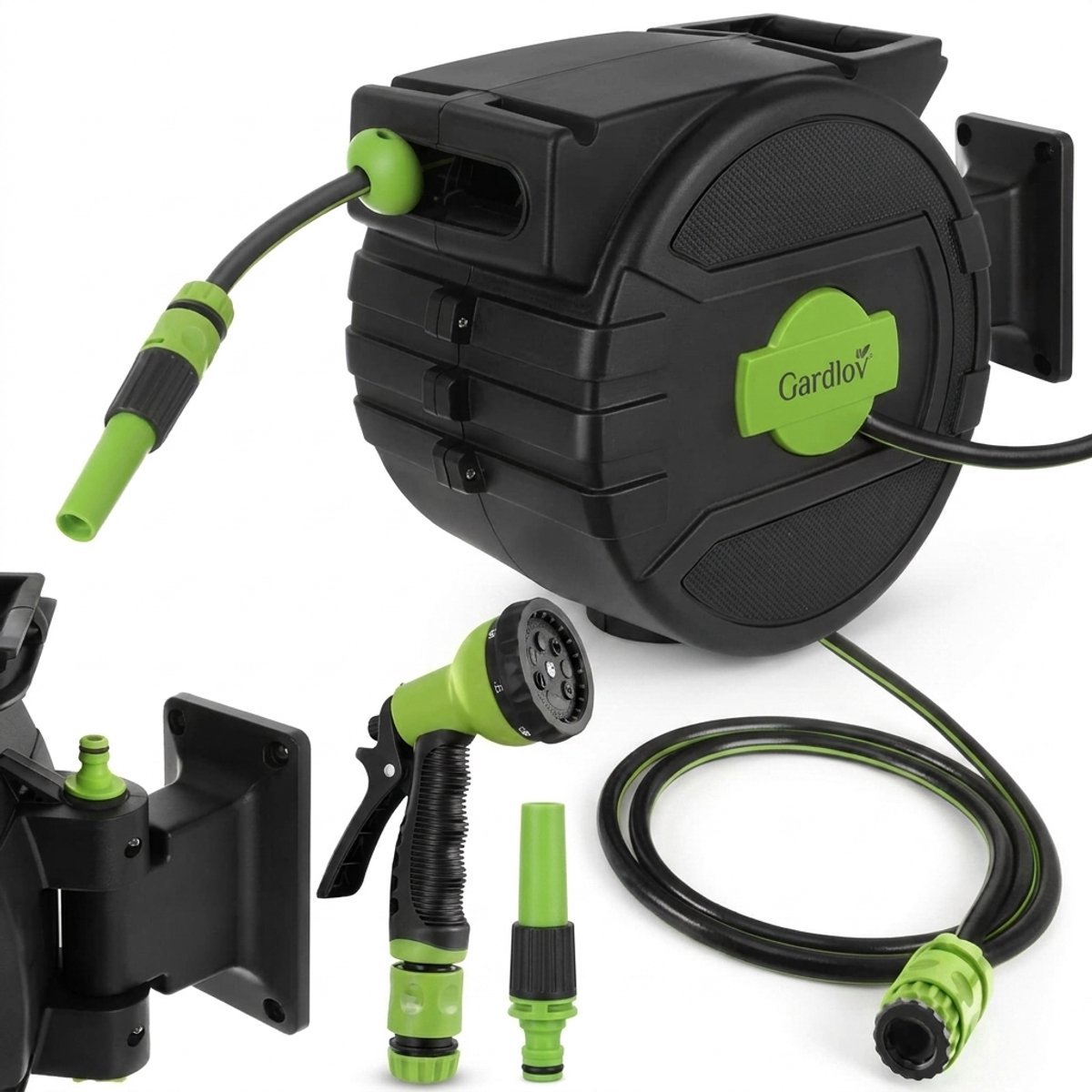 Tuinslanghaspel 20 Meter - Wandslangenbox met Automatisch Oprollen - Haspel Tuinslang - Sproeikop 7 Standen - Aan de Muur