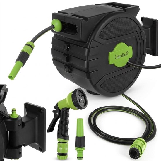 Foto: Tuinslanghaspel 20 meter wandslangenbox met automatisch oprollen haspel tuinslang sproeikop 7 standen aan de muur