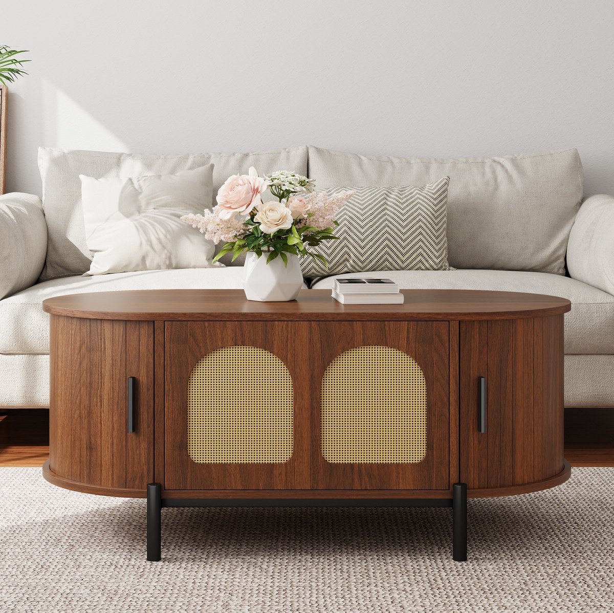 COVREO Salontafel 100x50x40 cm – walnoot, MDF en metalen poten, met schuifdeuren en opbergruimte