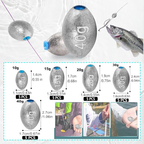 SnelShoppen - 25 Stuks Vissen Loden Set, Elliptisch Looplood Vissen Gewichten met Kunststofkern, 5 Maten 10g/15g/20g/30g/40g, Duurzaam en Corrosiebest — afbeelding 5
