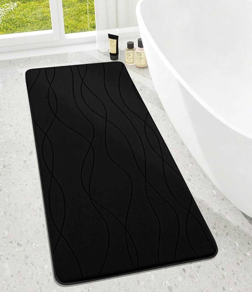 SnelShoppen - Memory Foam Badmat 60x150 cm, Zacht en Absorberend, Antislip Douchematt voor Badkamer, Wasbaar, Zwart, Veilig en Comfortabel