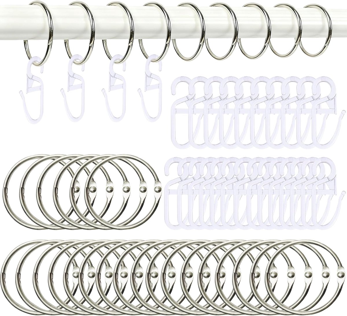 SnelShoppen - Curtain Rings 30 stuks, 38 mm Ringen met Haken, Roestvrijstalen Gordijnringen voor Badkamer en Woonkamer, Geschikt voor Alle Gordijnen