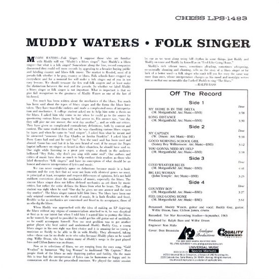 Tekstpagina van Muddy Waters Folk Singer album met tracklist.