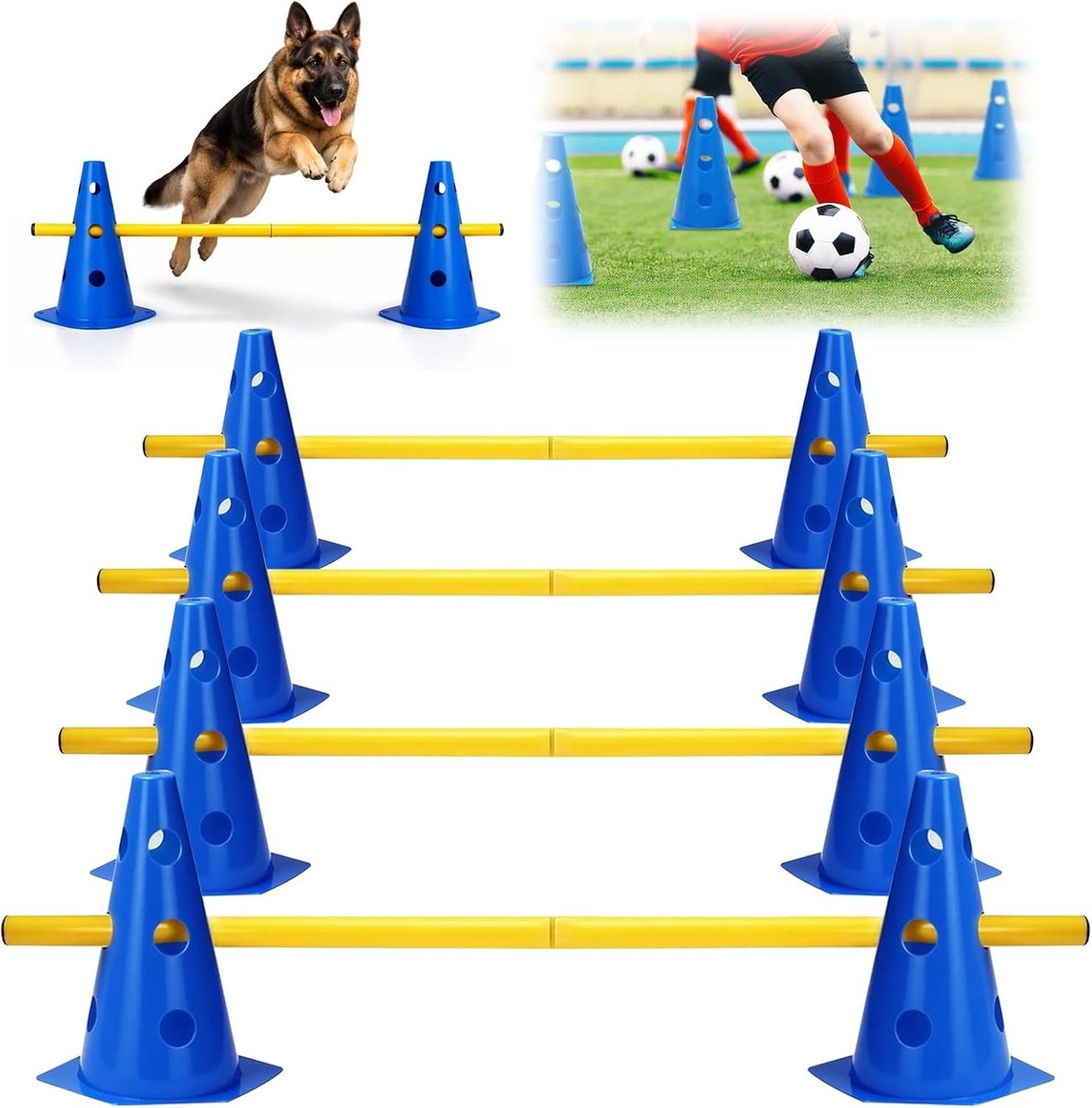 Behendigheidshorden set met 12 kegels en 6 stangen voor kinderen en huisdieren, obstakels voor hondenparcours en training, instelbare trainingshorden voor sport en spel