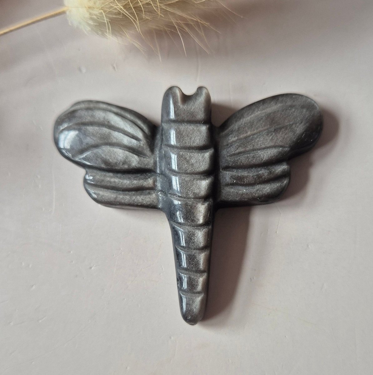 Zilver Obsidiaan Libelle 5 cm – crystal carving in diverse steensoorten Edelsteen