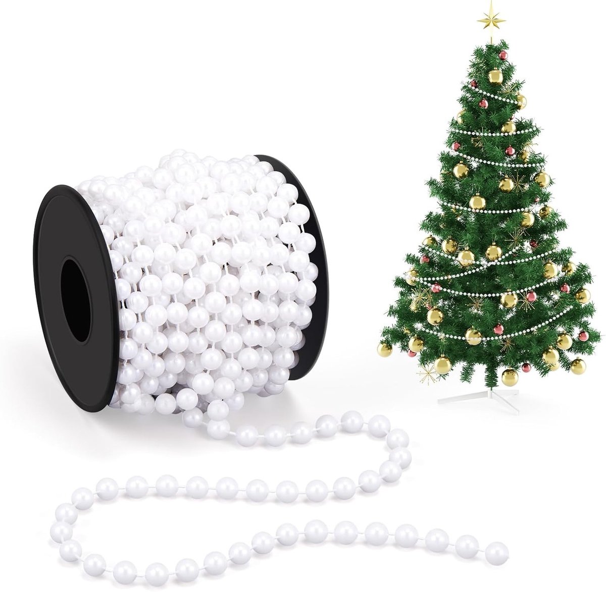 Kerstdecoratie Bead Necklace 8m Lang met 8mm Diameter - Plastic Garlands voor Kerstboom, Trappen en Bruiloften (Wit, Klassiek)