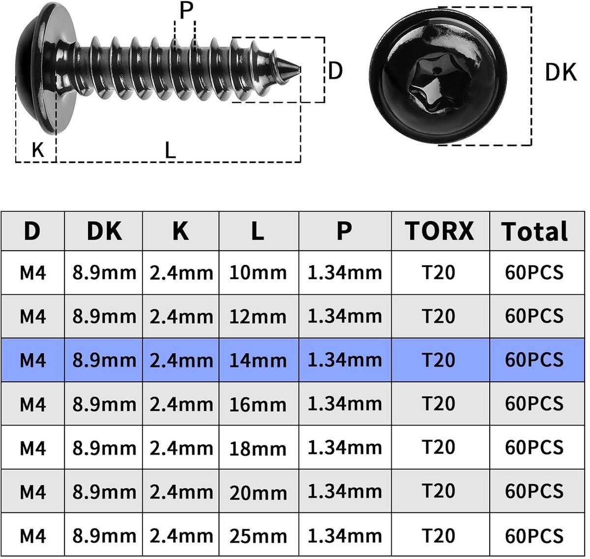 M4 x 14 mm Platte Hoofd Schroeven - 60 Stuks Zelftappende RVS Houtschroeven met Torx en Volledige Draad, Zwart