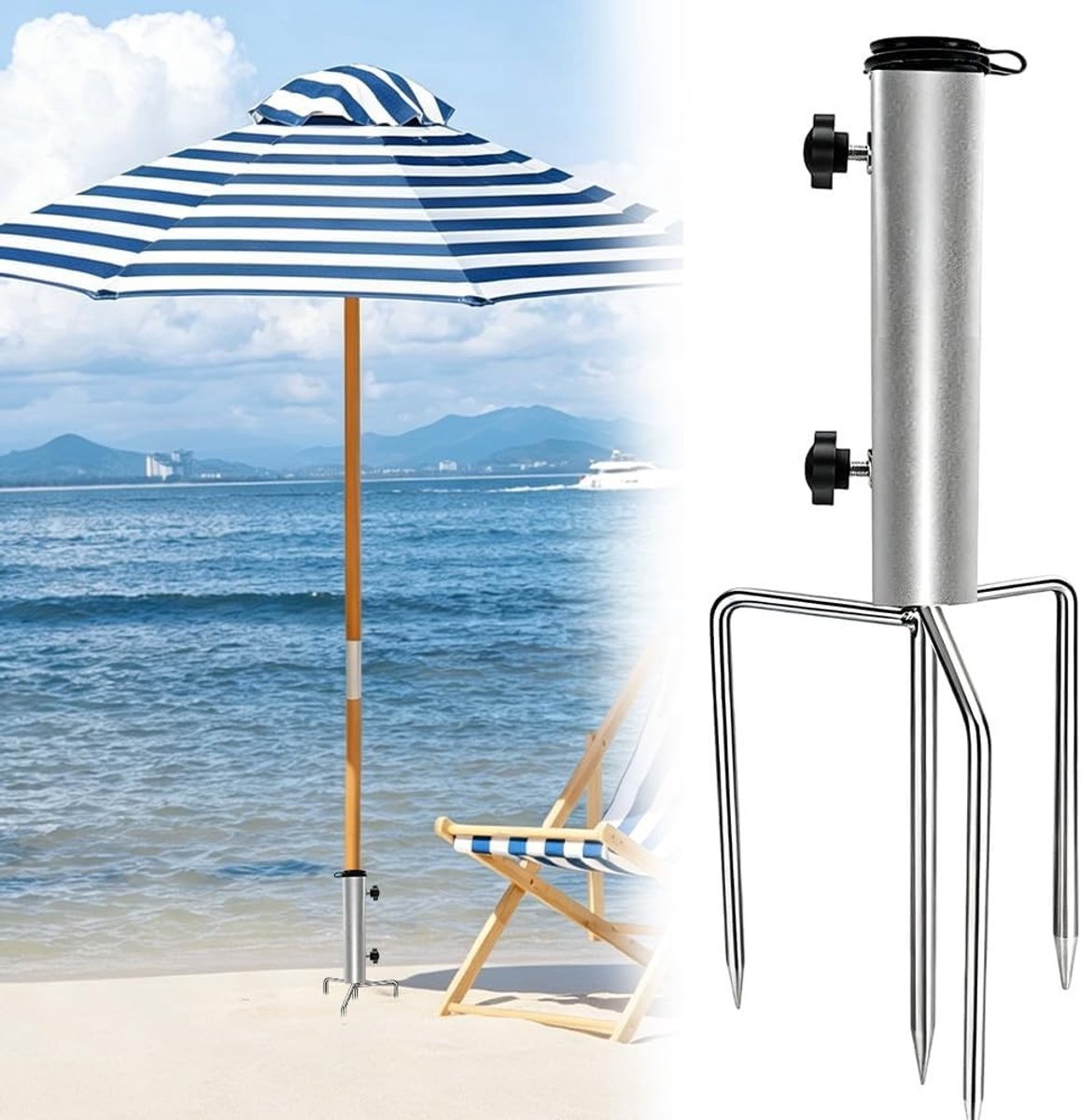 Parasolstandaard met afneembare houder en gazonpen voor tuin, strand en camping, stevig en duurzaam