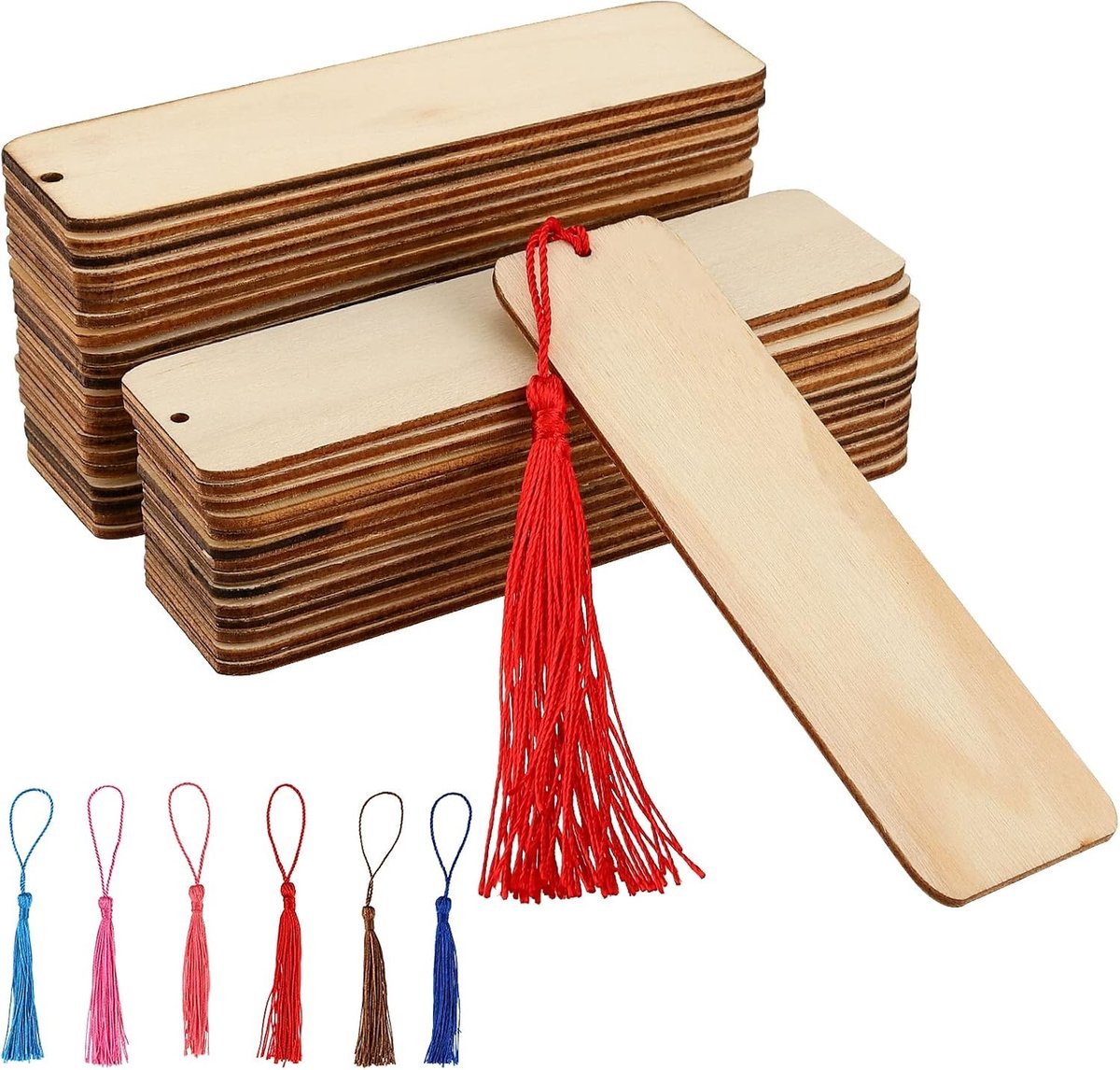72-delige Houten Lege Boekenleggers Set met Gaten en Kleurrijke Kwastjes voor DIY Creatieve Projecten, Bruiloften en Feestjes