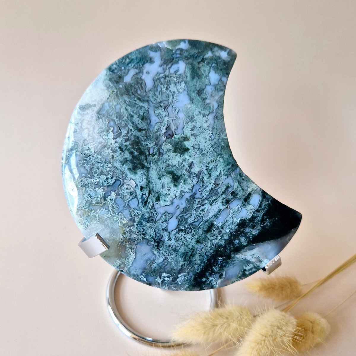 XL Edelsteen Mosagaat Maan op Standaard (Druzy & Patronen) #158 - 400g 12,7cm
