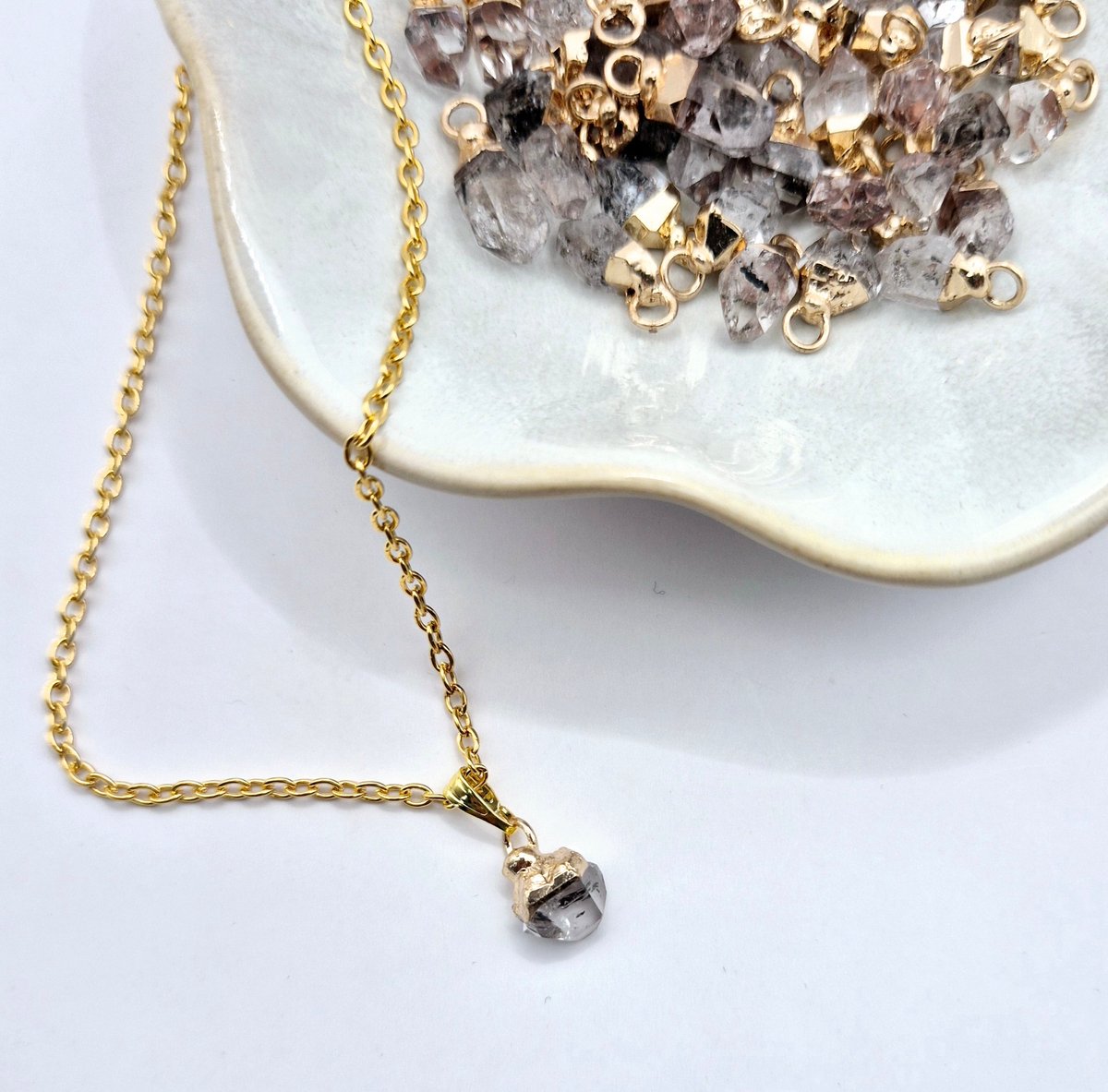 Gold-Colored Necklace with Raw Herkimer Diamond Pendant (1cm)