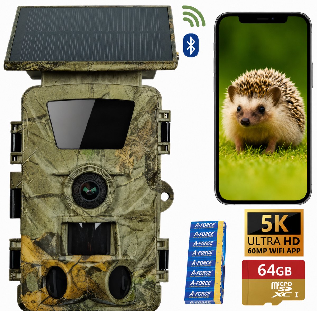 Wildcamera met Wifi App en Zonnepaneel – 5K 60MP – Nachtzicht – No Glow – 64GB SD Kaart – Oplaadbaar – Voor Buiten