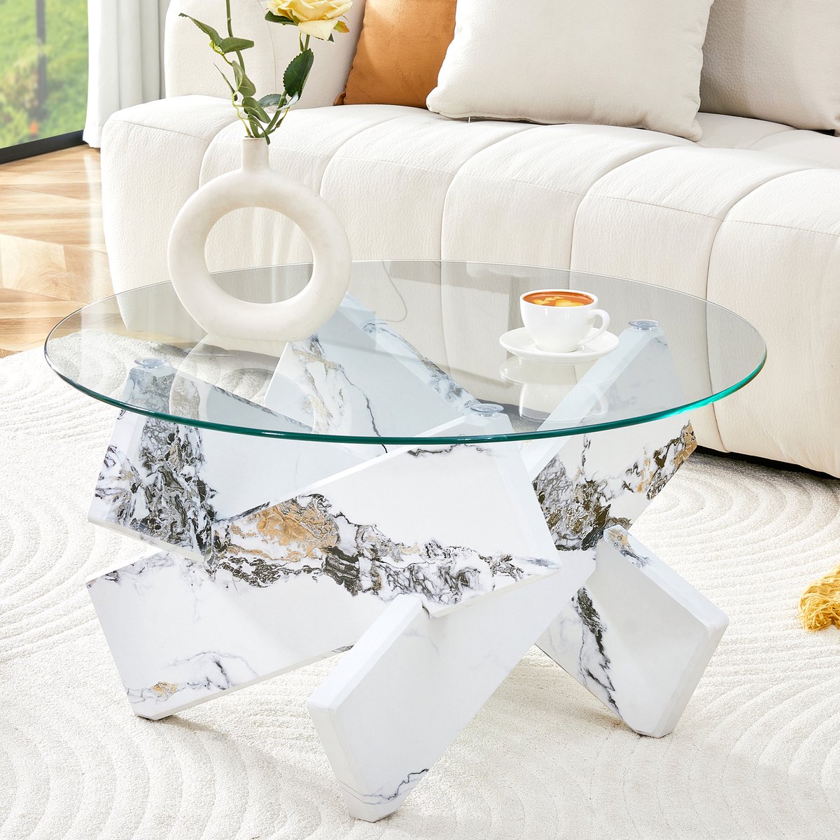 COVREO Salontafel 79 x 79 x 45 cm - rond glasblad, MDF onderstel met wit marmereffect