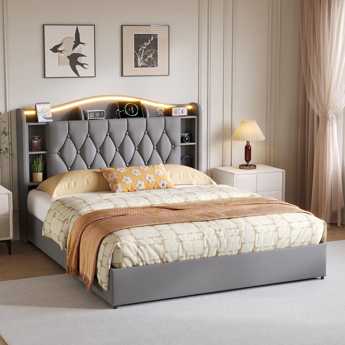 Opbergbed 140x190 Grijs Velvet met LED, USB & Draadloos Opladen