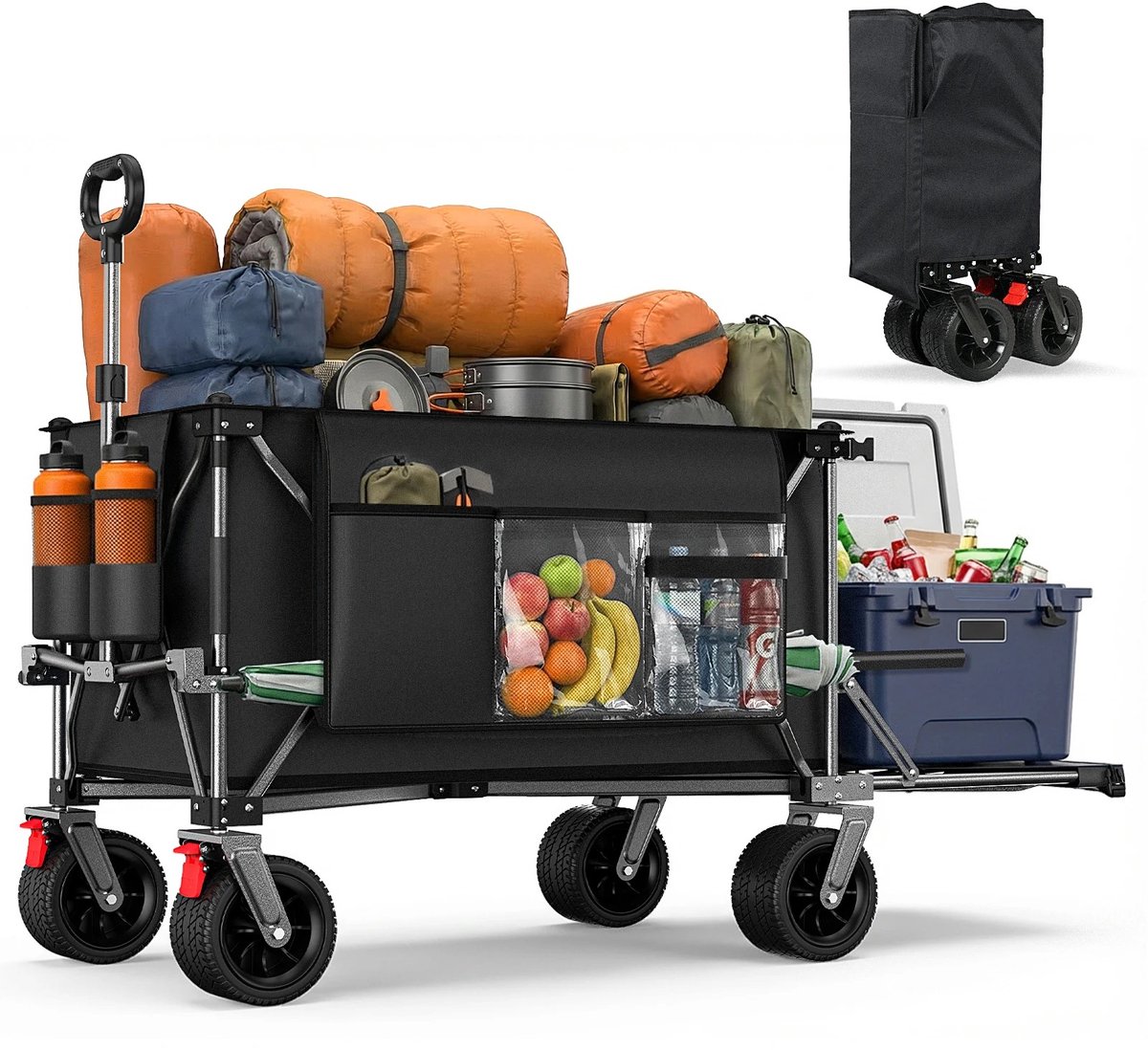 Emvae Bolderkar - Opvouwbare Bolderkar - Bolderwagen - 200L + 100L - Met Achterklep en Grote Terreinwielen - Voor Strand Tuin Boodschappen - Zwart